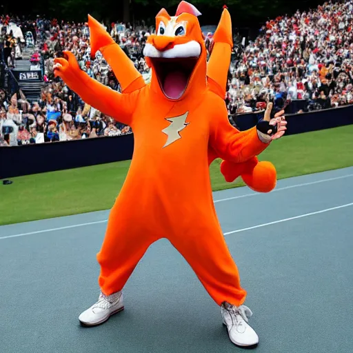 Image similar to rafael nadal posing wearing a charizard costume