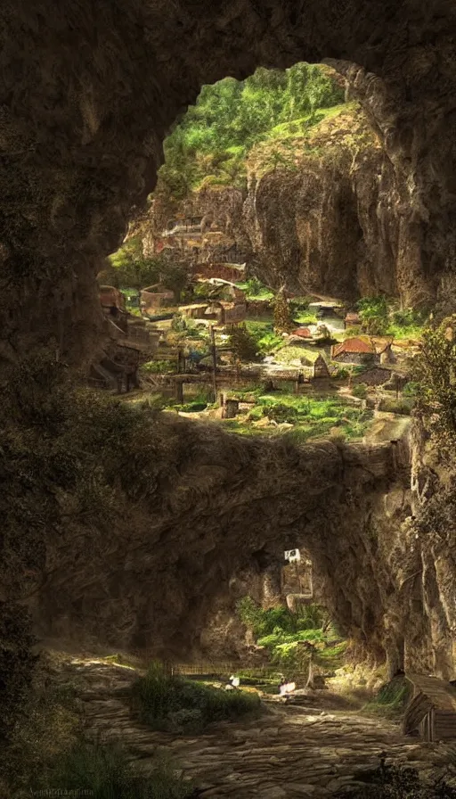 Prompt: a medieval village inside a cave near a cave river, photorealistic, 8k, high detail, high quality, dramatic lighting, HDR