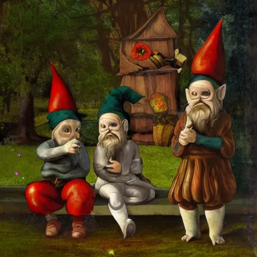 Prompt: creepy garden gnomes renaissance painting