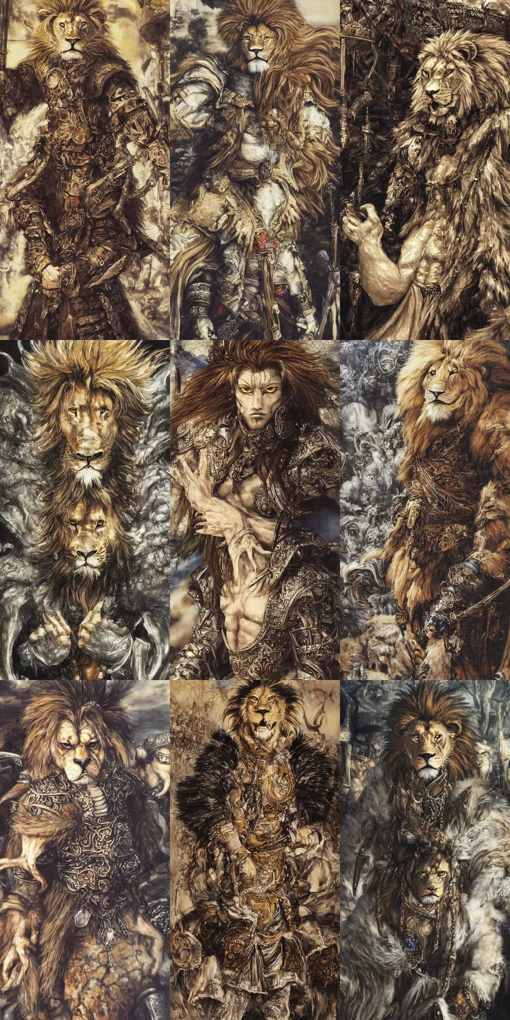 Image similar to 8 k yoshitaka amano painting of upper body of a young cool looking lion beastman with white mane at a medieval market at windy day. depth of field. he is wearing complex fantasy clothing. he has huge paws. renaissance style lighting.