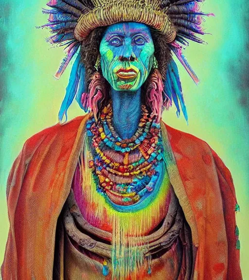 Image similar to Portrait painting in a style of Beksinski mixed with Alex Grey of an old shaman dressed in a colorful traditional clothes. Very psychodelic