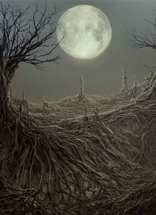 Image similar to a intricate oil painting of The Tomb in the dystopian landscape is opening through the ground, the dead has arisen under the glowing moon, dead trees and a brooding landscape by Giger and Dariusz Zawadzki and Beksinski