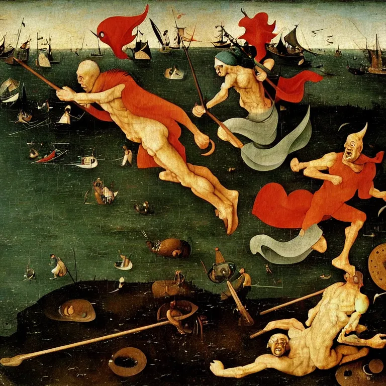 Image similar to The portrait of three merman running away with gold from Grim Reaper who laughs and follow them, by Hieronymus Bosch and Pieter Bruegel inspired by Terry Pratchett, super detailed oil painting, hyper realistic faces, 4k, masterpiece