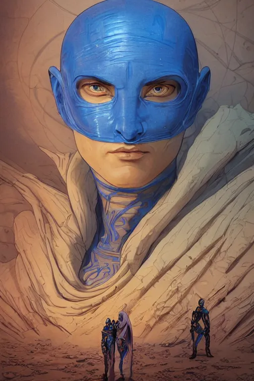 Prompt: dune themed majestic paul atreides glowing blue eyed fremen warrior, desert breathing armor, graffiti, street art sketch by sachin teng, moebius, artgerm, michael cheval, esao andrews, francois boucher, masterpiece, intricate organic painting, matte painting, hard edges, highly detailed, cinematic lighting character art movie poster by drew struzan