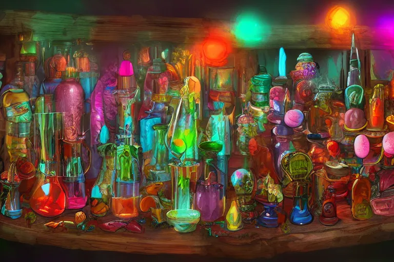 Prompt: a small rack filled with colorful glowing concoctions, magical potions, fantasy artwork, featured on artstation