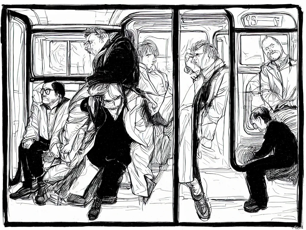 Image similar to a pen and ink drawing by Jaime Hernandez, a low angle medium shot of two people sitting in an empty Chicago subway train, in front of windows: a sad Aubrey Plaza wearing a winter coat and a man who looks like a mix of (Louis CK and Philip Seymour Hoffman) in a suit