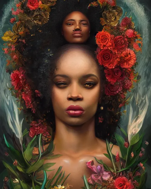 Image similar to portrait of the afro - american queen of the underworld, surrounded by flowers by karol bak, james jean, tom bagshaw, rococo, sharp focus, trending on artstation, cinematic lighting, hyper realism, octane render, 8 k, hyper detailed.