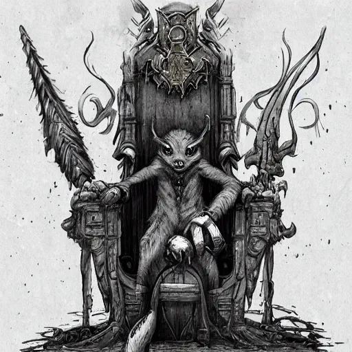 Image similar to murky sewer scene with an evil rat sitting on a throne, surrounded by his court of rats, wearing elaborate reneissance clothing. trending on artstation, fantasy illustration, rat people, extremely detailed, grim