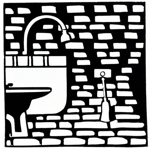 Image similar to black and white linocut of a leaky bathroom faucet dripping water