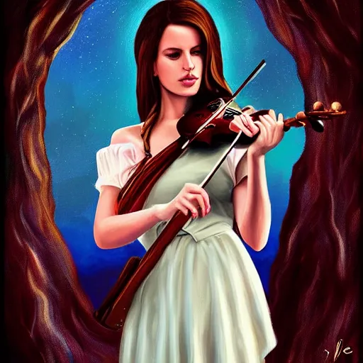 Prompt: Lana del Rey holding a violin on a mountain, digital Painting, artstation, ultradetailed, 4K, HD Painting, mega quality Painting