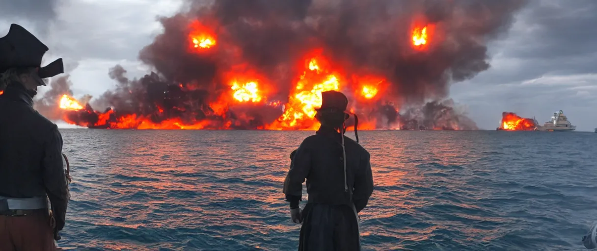 Image similar to a pirate standing on the edge of the ship, big explosion on the background, dramatic atmosphere