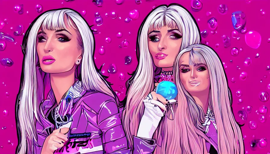 Prompt: Kim Petras and Paris Hilton pink bubblegum pop album cover, hyperdetailed, artstation, cgsociety, deviantart 8k