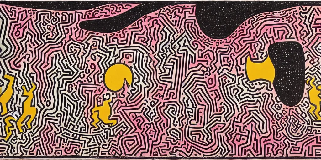 Prompt: Abstract painting of listening to music by Hilma af Klint and Keith Haring