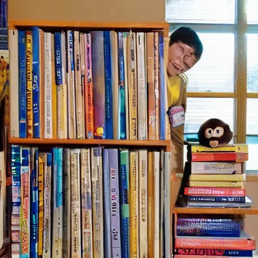 Prompt: monkeys moving into a college dorm stacking books on shelves