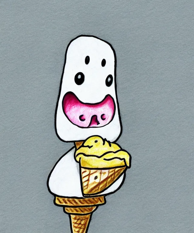 Prompt: cute drawing of a happy ghost holding an ice cream cone, cartoon, anime, cute