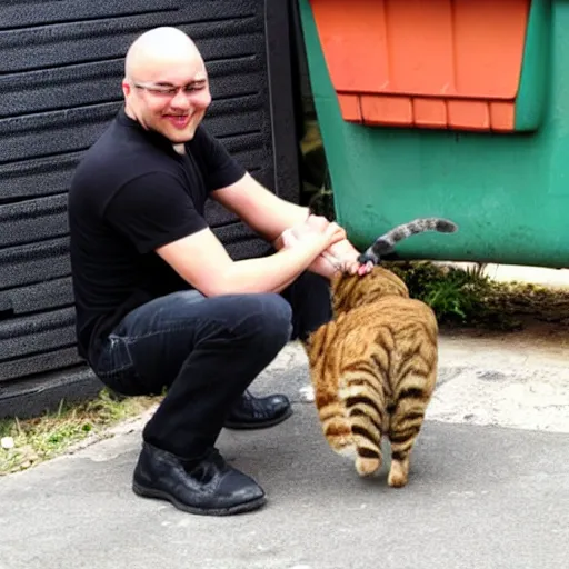 Prompt: Action photo of a happy guy wearing black casual clothes in his late 20's holding a skinny tabby cat next to a garbage dumpster