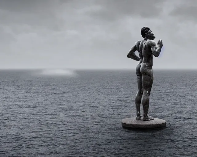 Prompt: a giant abstract sculpture of a legendary greek warrior god on the water, in the style of antony gormley, award winning, cinematic, hyper - realistic, very detailed, realistic water splashes, ray tracing, 8 k resolution, long - shot, sharp focus, low angle, 8 5 mm photograph, wide lens