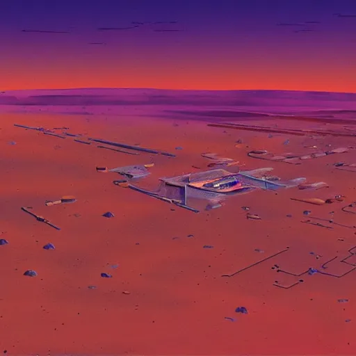 Prompt: busy spaceport in the desert, moebius, Jean Giraud, landscape, epic, artstation, dusk