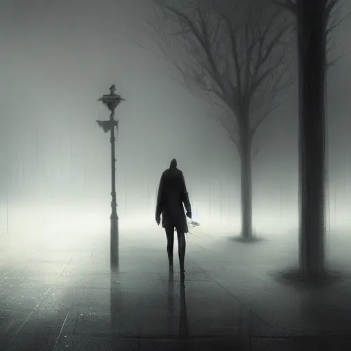 Image similar to a person walking down a street in the fog, concept art by Bastien Lecouffe-Deharme, trending on cgsociety, panfuturism, 2d game art, dystopian art, matte drawing