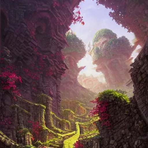 Image similar to forgotten stone city on a hill that rises up from the plain. the stone is carved into intricate patterns: spirals and flowers, vines and knots. towers high above, archways, strange trees and flowers. a beautiful and vivid and colorful andreas rocha and peter mohrbacher impasto!! acrylic painting