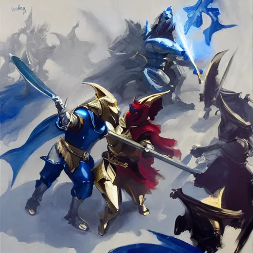 Image similar to dragon fight vs knight in a car, knight in blue armor and wields a gold sword, greg manchess