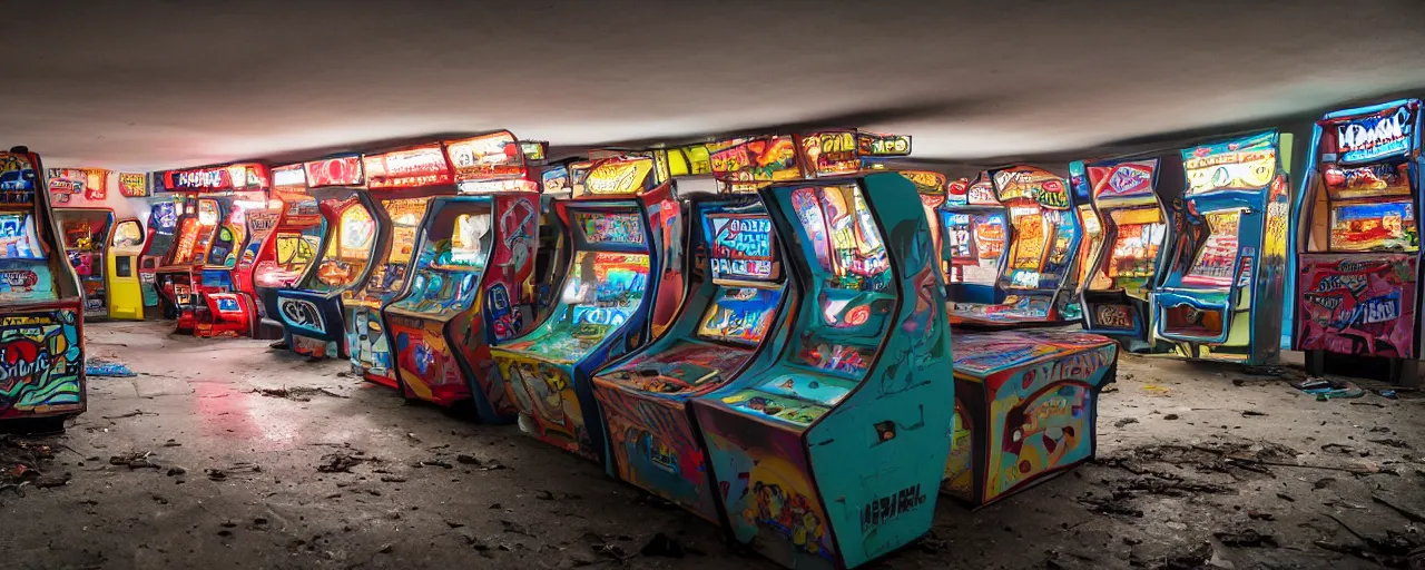 Prompt: An abandoned 80's arcade, XF IQ4, 150MP, 50mm, F1.4, ISO 200, 1/160s, natural light