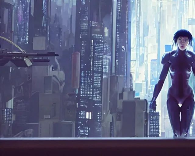 Prompt: a film still from a new ghost in the shell sequel by panos cosmatos, futuristic, cinematic lighting, highly detailed, photorealistic, high resolution