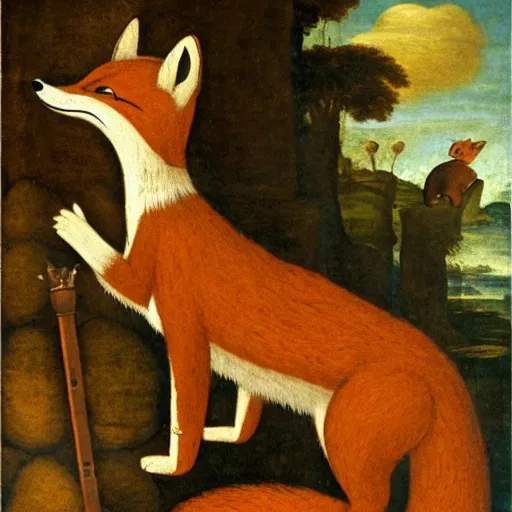 Prompt: an anthropomorphic Fox explores a Dungeon, Renaissance Painting