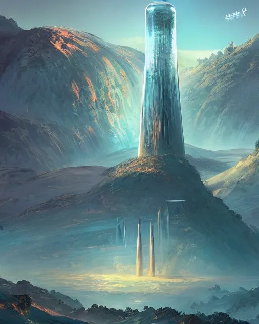 Prompt: poster of onkel tuka, beautiful landscape, highly detailed, machine planet, alien utopia, glass obelisks, ufo in the sky, full of color, advanced technology, cinematic lighting, sharp focus, artstation, intricate, masterpiece, art by maria panfilova and dylan kowalski and huifeng huang