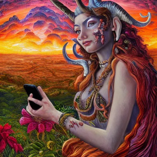 Image similar to painting by senior concept artist josephine wall, horned ram goddess, checking her cell phone, erupting volcano and sunset in distance in background, flowers in foreground, zodiac, fantasy acrylic on canvas, intricately detailed, highly detailed, high resolution, hdr, 8 k, trending on artstation