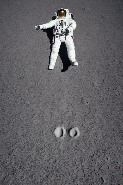 Prompt: a full body photography of an astronaut walking on the surface of the moon, bottom - view, focus on his foot, photography, photo - shot, shooting, cinematic lighting, 8 k