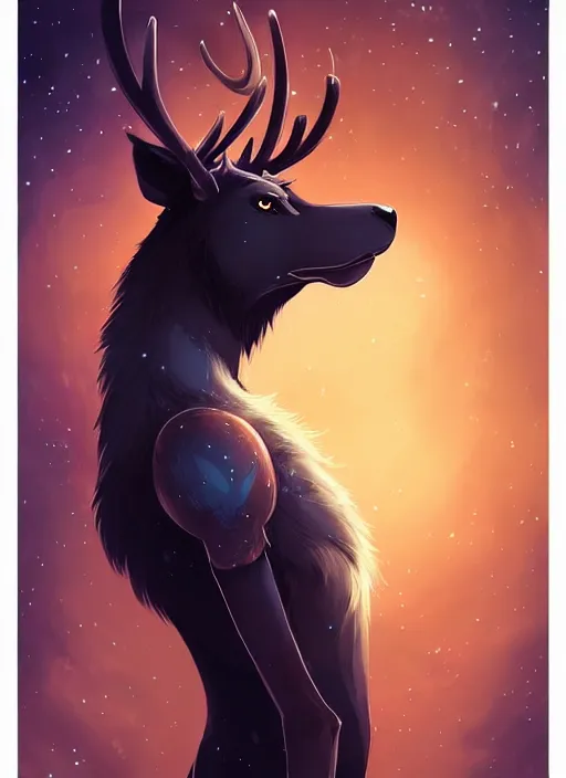 Image similar to award winning beautiful portrait commission of a male furry anthro Black Reindeer fursona with a tail, wings and a cute beautiful attractive detailed furry face wearing stylish black and orange galaxy clothes in a outerspace city at night while it rains. Character design by charlie bowater, ross tran, artgerm, and makoto shinkai, detailed, inked, western comic book art