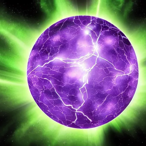 Image similar to a glowing magical orb flickering with purple and green lightning