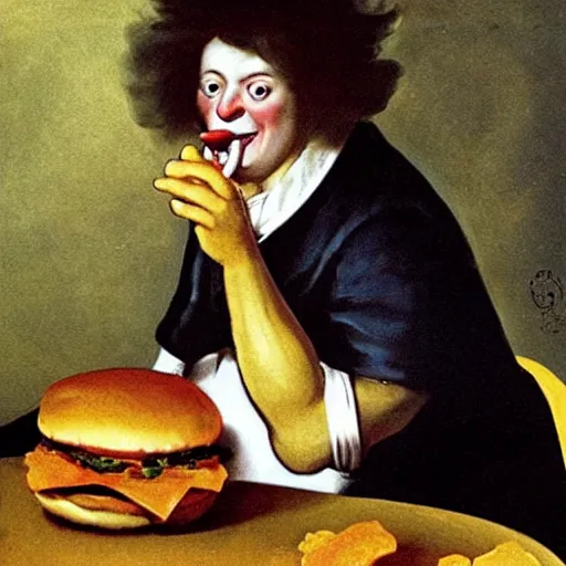 Prompt: ronald mcdonald eating a hamburger, painting by francisco goya