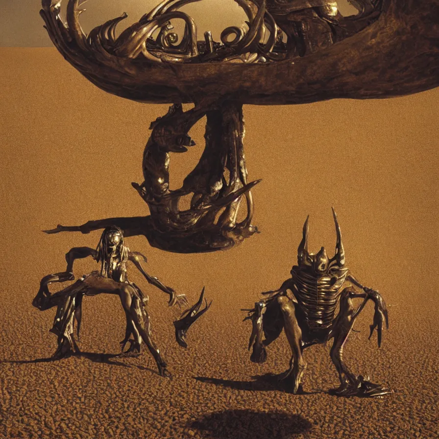 Image similar to portrait of salvador dali wearing a golden horned crown and jewels in a dry sand desert landscape, alien spaceship by giger in the landscape, film still from the movie by alejandro jodorowsky with cinematogrophy of christopher doyle and art direction by hans giger, anamorphic lens, kodakchrome, very detailed photo, 8 k