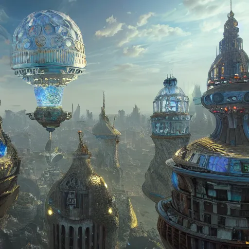 Image similar to enormous flying city in a faberge egg, sky, steampunk, fantasy art, unreal engine, unreal engine