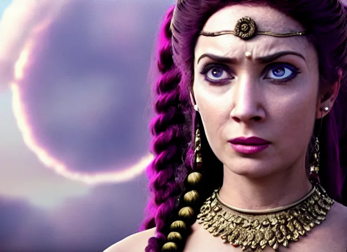 Image similar to film still of real life leela with ponytail in the new scifi movie, 4 k