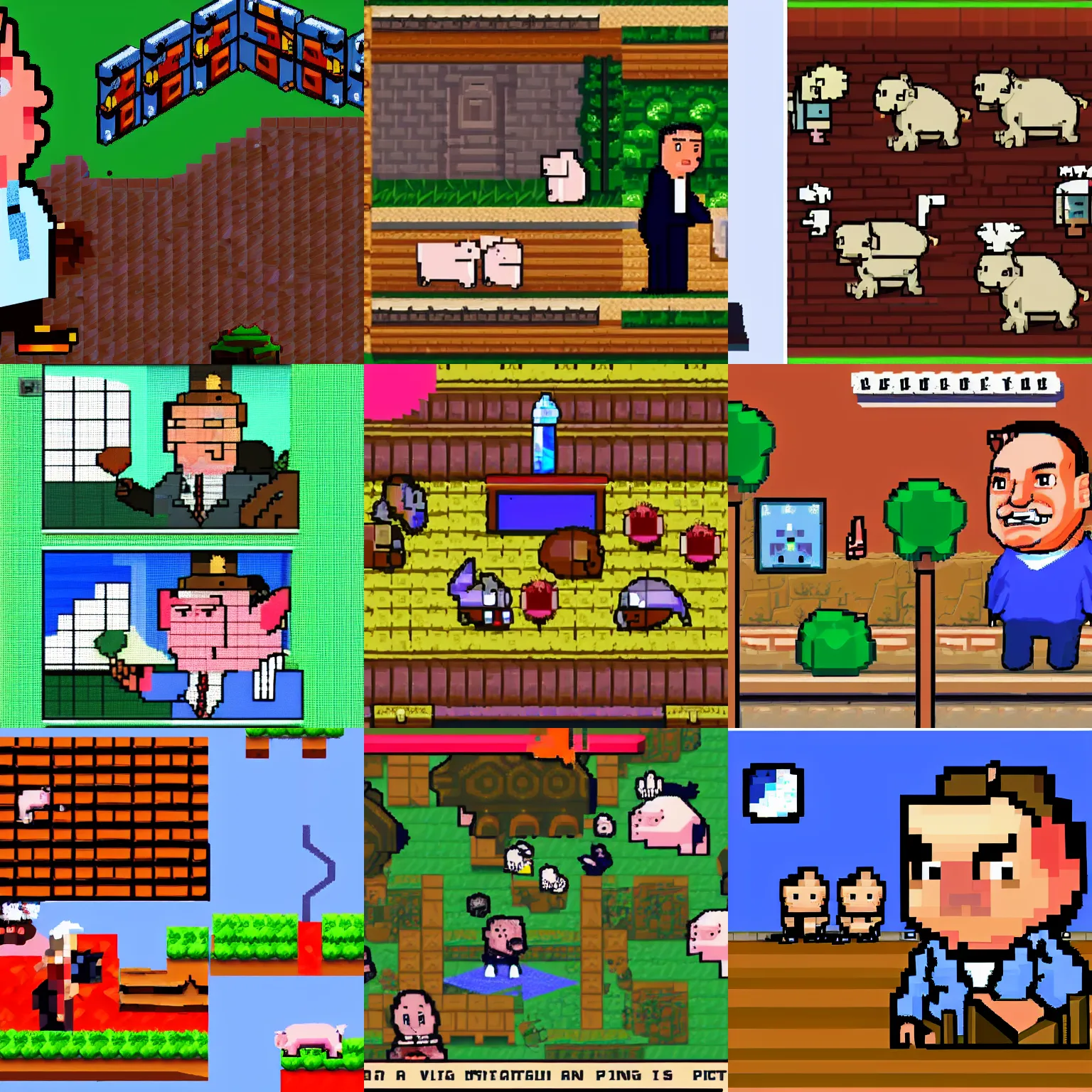 Prompt: viktor orban talking to pigs, pixelart, screenshot from adventure videogame