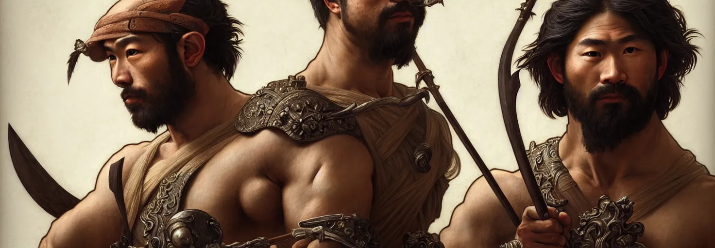 Image similar to renaissance upper body portrait of a gruff ranger with a spear, Asian, lean and toned, handsome face, hairy chest, D&D, intricate, elegant, highly detailed, digital painting, artstation, concept art, matte, sharp focus, illustration, art by da Vinci, Artgerm and Greg Rutkowski and Alphonse Mucha