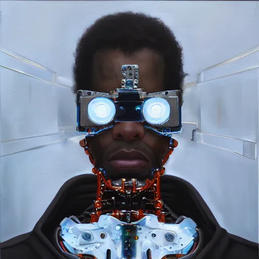 Image similar to a realistic oil painting of a black man as a cybernetic cyborg, surrealism portrait, surrealism album cover