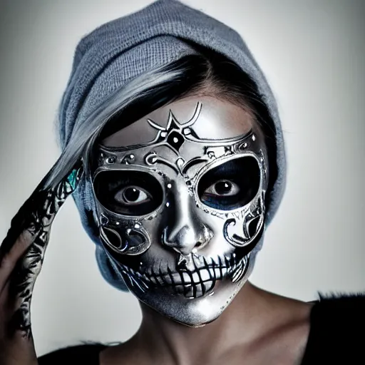 Image similar to very cool girl brilliant silver hair girl wearing a silver sugar skull mask techwear cyberpunk style outfit full body nose piercing detailed portrait intricate comp