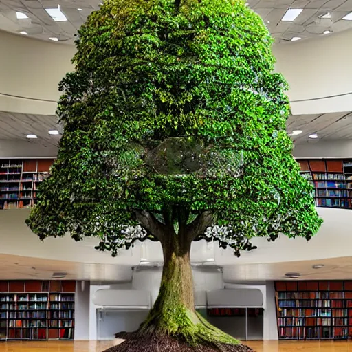 Prompt: a beautiful tree growing in the middle of a library