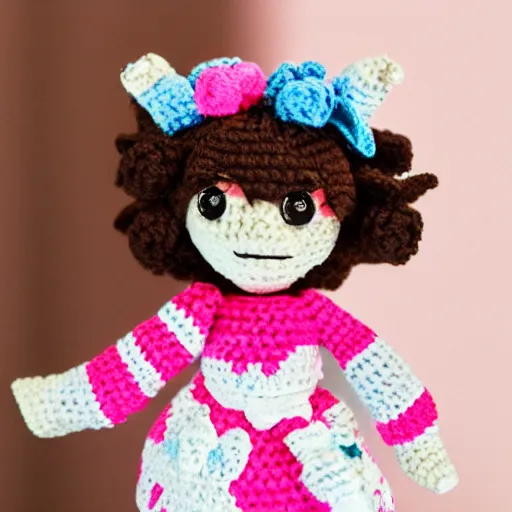 Image similar to Crocheted Pokimane Imane Anys doll. 4k bokeh photography