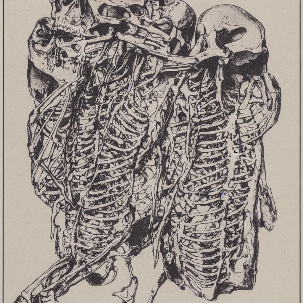 Prompt: vintage risograph of realistic skeleton