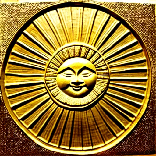 Prompt: ornate engraved carving of a sun on a gold panel