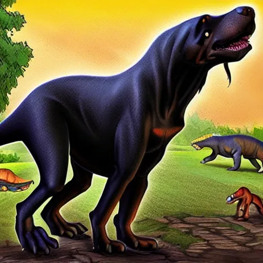 Image similar to Rottweiler dinosaur chimera, cartoon