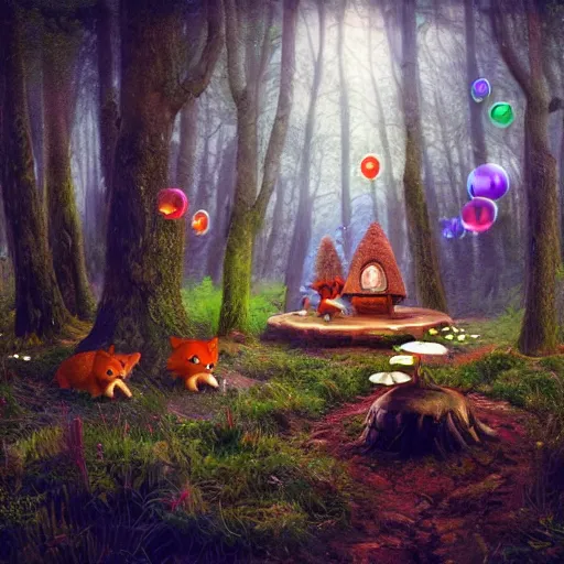 Prompt: A hyper real comic book style portait painting of an enchanted forest with toadstools and a forest hut. Soap bubbles in the air. A fox is in the foreground, unreal 5, hyperrealistic, octane render, cosplay, RPG portrait, dynamic lighting