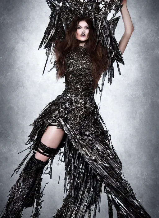 Image similar to expressive full body photo of teenage bridget bardot, dress made of steel blades, glamour shot, by karol bak, stefan gesell, photorealistic, nikon d 4 x, fashion photography, hyper maximalist, elegant, ornate, luxury, elite, environmental portrait, symmetrical features, octane render, unreal engine, solid dark grey background, dramatic lights