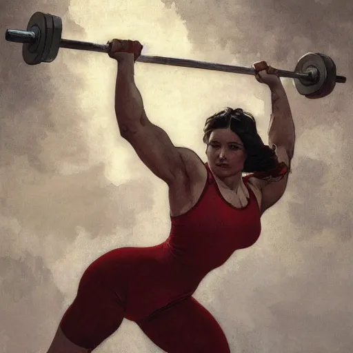 Image similar to socialist realism propaganda poster of female weightlifter, socialist realism, highly detailed, intricate, digital painting, artstation, sharp focus, illustration, art by jakub rozalski, greg rutkowski, artgerm, tan zi and ayanamikodon and alphonse mucha and wlop