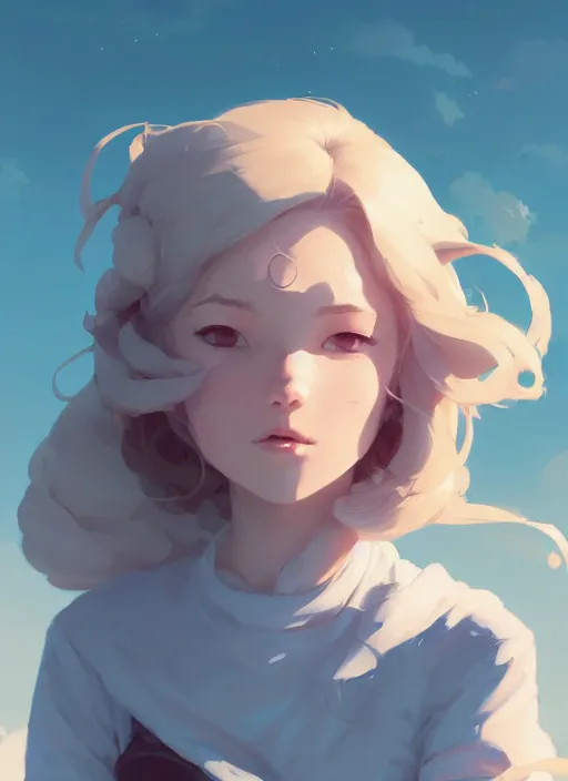 Image similar to portrait of cute maiden girl cowered, cloud sky background, by atey ghailan, by greg rutkowski, by greg tocchini, by james gilleard, by joe gb fenton, by kaethe butcher, dynamic lighting, gradient light blue, brown, blonde cream and white color in scheme, grunge aesthetic